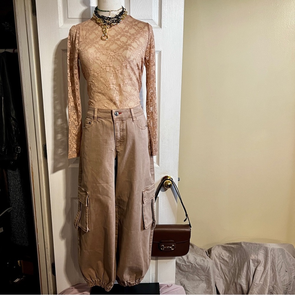 Peace Love World Wms Black Label Balloon Ankle Cargo‎ Utility Casual Tan Jeans 4